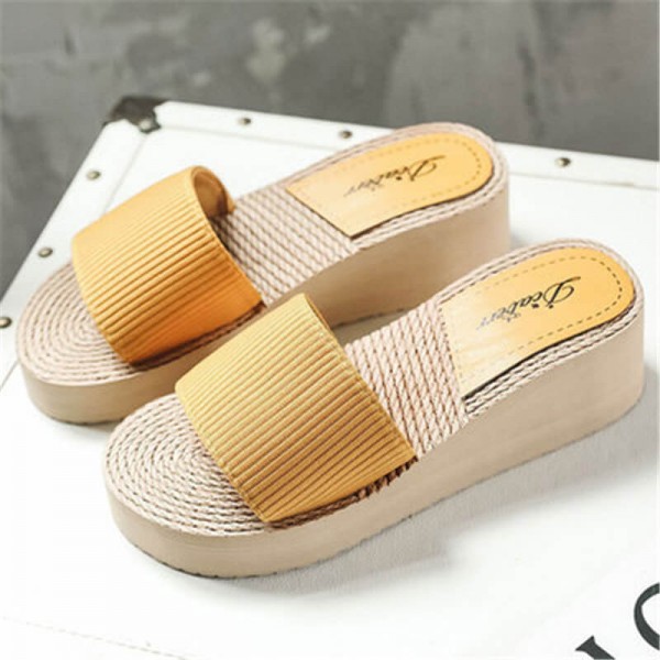 Size:5-8.5 Women Fashion Straw Weaving Wedge Sandy Beach Slippers