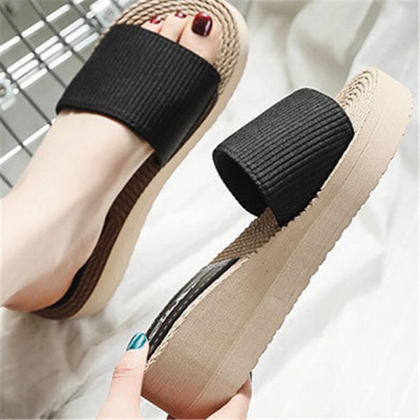 Size:5-8.5 Women Fashion Straw Weaving Wedge Sandy Beach Slippers