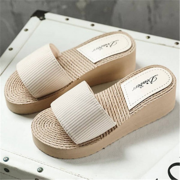 Size:5-8.5 Women Fashion Straw Weaving Wedge Sandy Beach Slippers