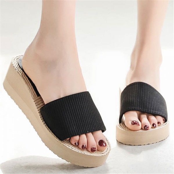 Size:5-8.5 Women Fashion Straw Weaving Wedge Sandy Beach Slippers