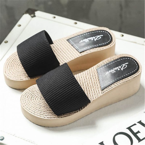 Size:5-8.5 Women Fashion Straw Weaving Wedge Sandy Beach Slippers