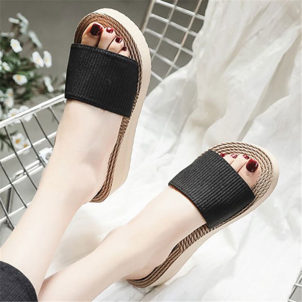 Size:5-8.5 Women Fashion Straw Weaving Wedge Sandy Beach Slippers