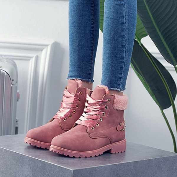 Size:5-12 Women Fashion Solid Color Fleece-Lined Lace-Up Short Boots