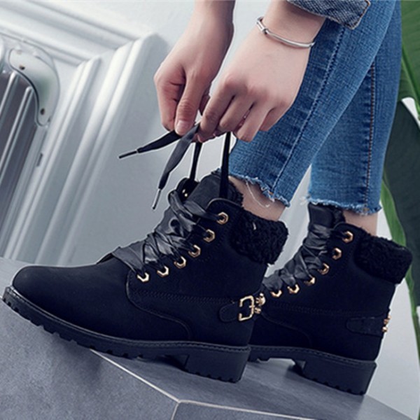 Size:5-12 Women Fashion Solid Color Fleece-Lined Lace-Up Short Boots