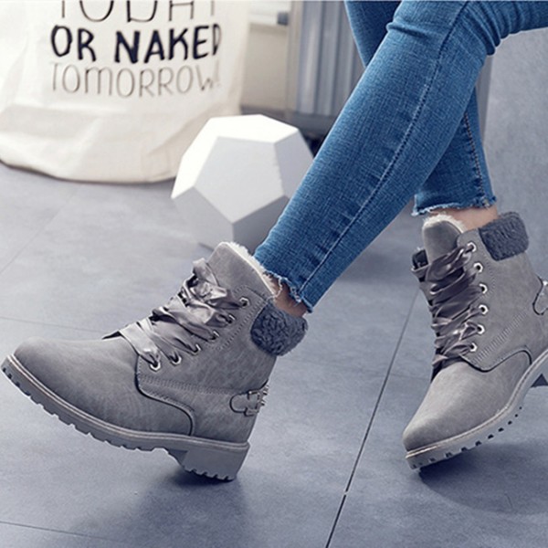 Size:5-12 Women Fashion Solid Color Fleece-Lined Lace-Up Short Boots