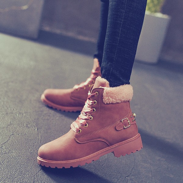 Size:5-12 Women Fashion Solid Color Fleece-Lined Lace-Up Short Boots