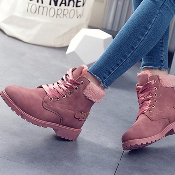 Size:5-12 Women Fashion Solid Color Fleece-Lined Lace-Up Short Boots