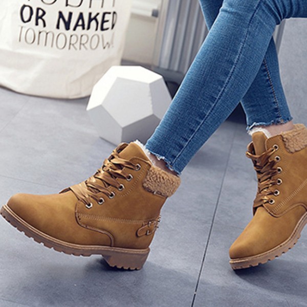 Size:5-12 Women Fashion Solid Color Fleece-Lined Lace-Up Short Boots