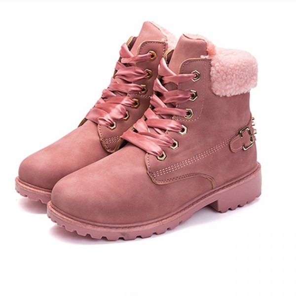 Size:5-12 Women Fashion Solid Color Fleece-Lined Lace-Up Short Boots