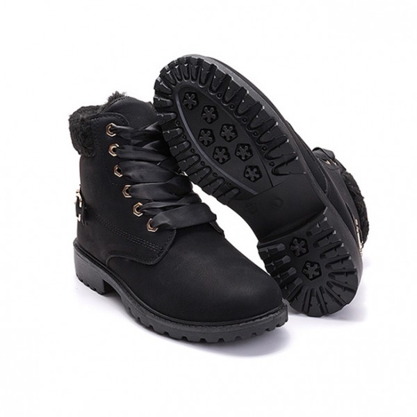 Size:5-12 Women Fashion Solid Color Fleece-Lined Lace-Up Short Boots