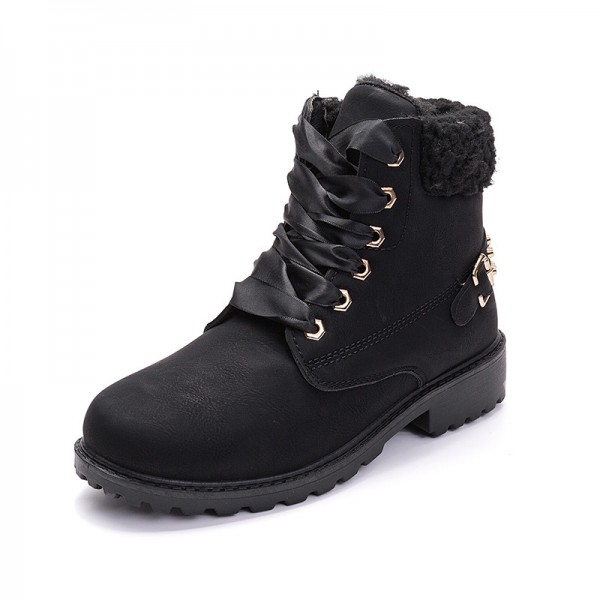 Size:5-12 Women Fashion Solid Color Fleece-Lined Lace-Up Short Boots