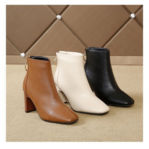 Women Elegant Square Toe Back Zipper Solid Color PU Chunky Heel Short Boots