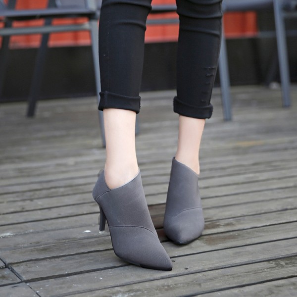 Women Basic Spring Pointed Toe Suede Solid Color Slip On Stiletto Short Boots