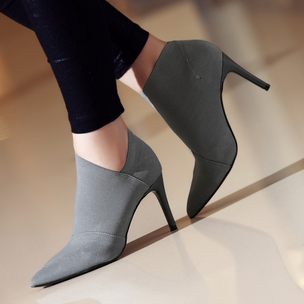 Women Basic Spring Pointed Toe Suede Solid Color Slip On Stiletto Short Boots