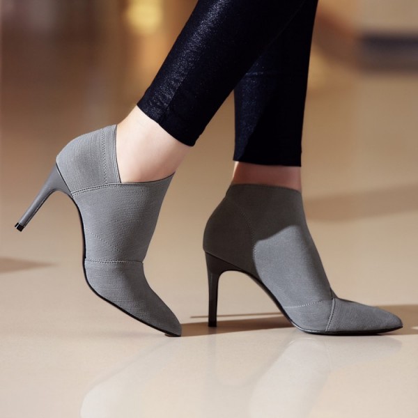 Women Basic Spring Pointed Toe Suede Solid Color Slip On Stiletto Short Boots