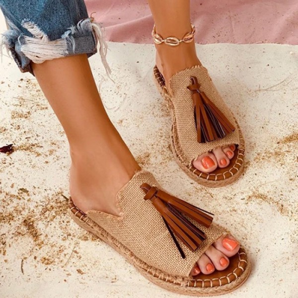 Women Vintage Tassel Design Round Open Toe Flat Slippers