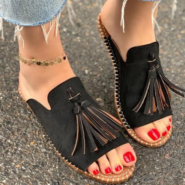 Women Vintage Tassel Design Round Open Toe Flat Slippers