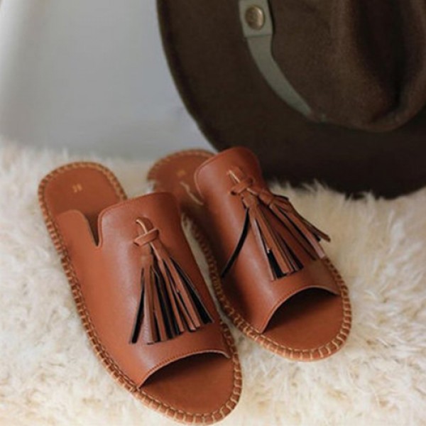 Women Vintage Tassel Design Round Open Toe Flat Slippers