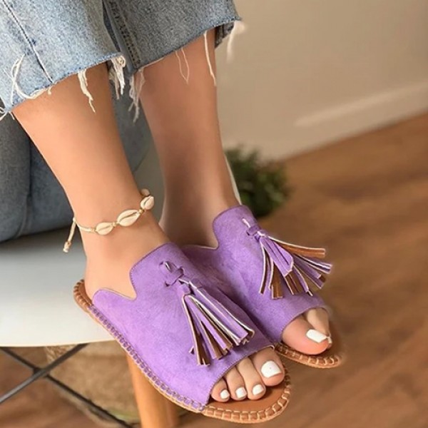 Women Vintage Tassel Design Round Open Toe Flat Slippers