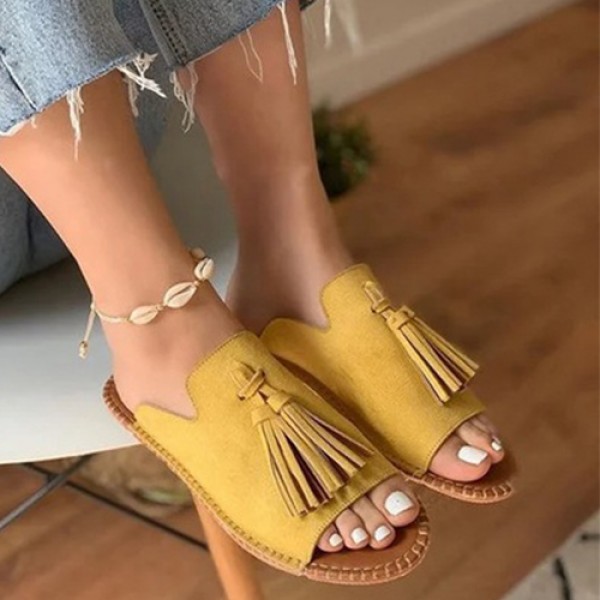 Women Vintage Tassel Design Round Open Toe Flat Slippers