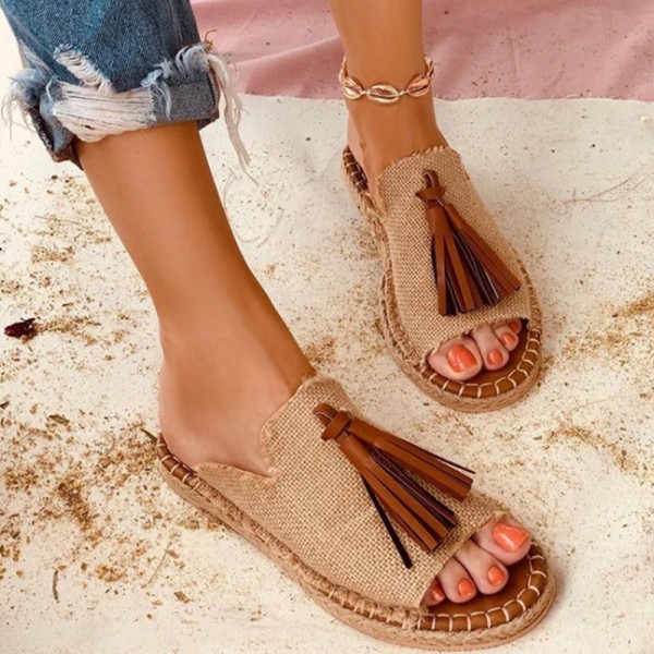 Women Vintage Tassel Design Round Open Toe Flat Slippers