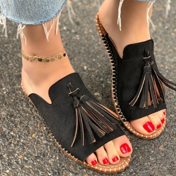 Women Vintage Tassel Design Round Open Toe Flat Slippers