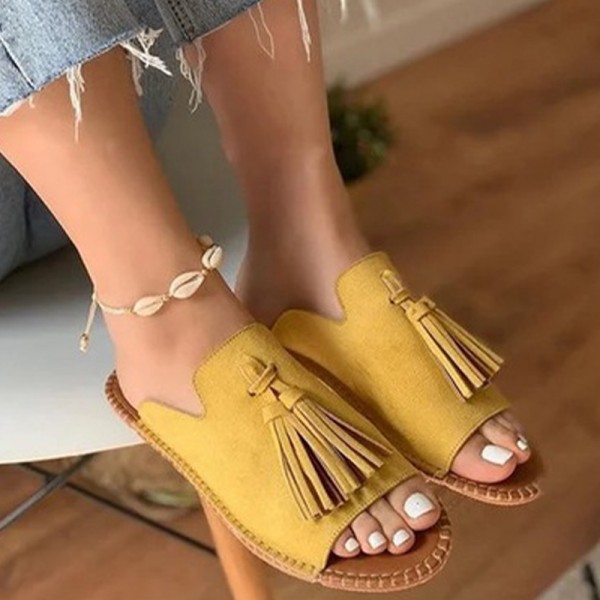 Women Vintage Tassel Design Round Open Toe Flat Slippers