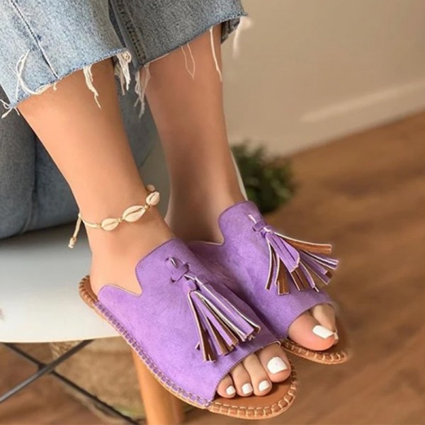 Women Vintage Tassel Design Round Open Toe Flat Slippers