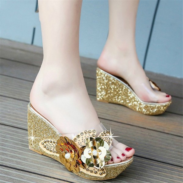 Women Summer New Sexy Crystal Transparent Sequin Decoration Wedge Platform Slippers