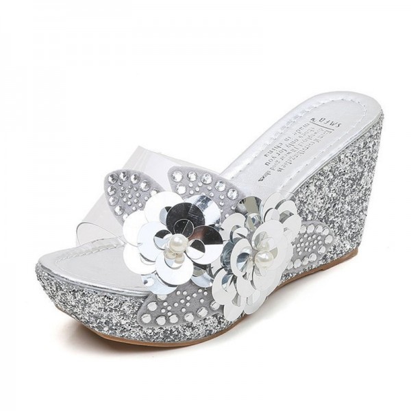 Women Summer New Sexy Crystal Transparent Sequin Decoration Wedge Platform Slippers