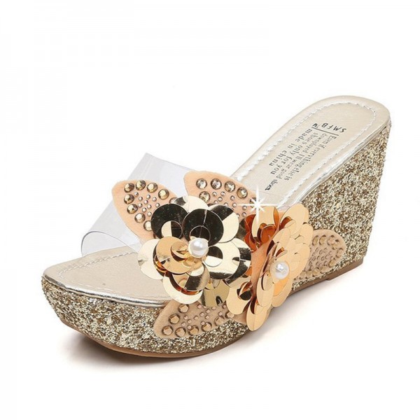 Women Summer New Sexy Crystal Transparent Sequin Decoration Wedge Platform Slippers