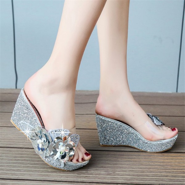 Women Summer New Sexy Crystal Transparent Sequin Decoration Wedge Platform Slippers