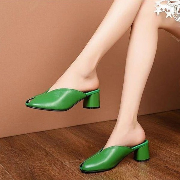 Women Fashion Casual Peep Open Toe Solid Color Chunky Middle Heel Mules