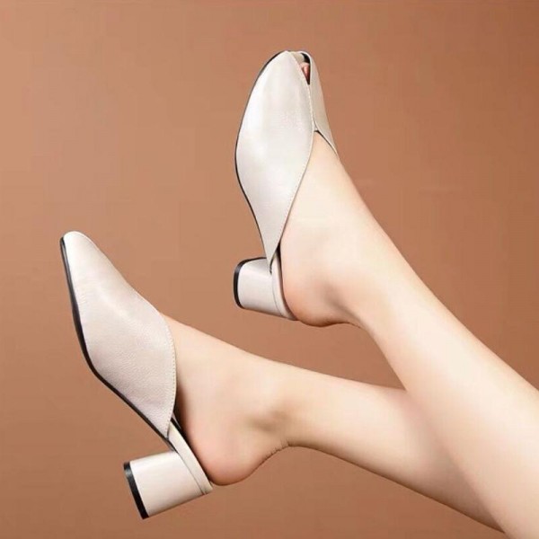 Women Fashion Casual Peep Open Toe Solid Color Chunky Middle Heel Mules