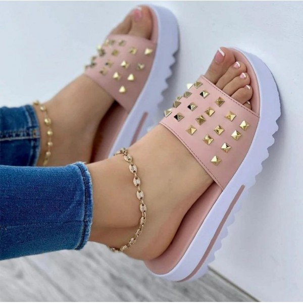 Women Casual Creative Rivet Decorative Solid Color Platform Slippers