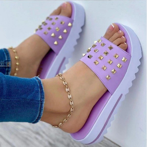 Women Casual Creative Rivet Decorative Solid Color Platform Slippers