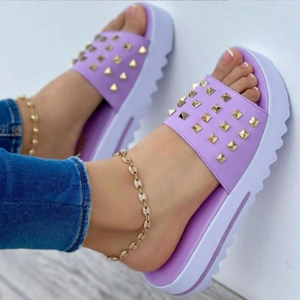 Women Casual Creative Rivet Decorative Solid Color Platform Slippers