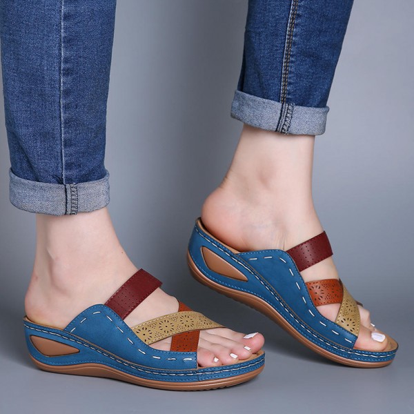 Women Ethnic Casual Cross Design Color Blocking Wedge Slippers