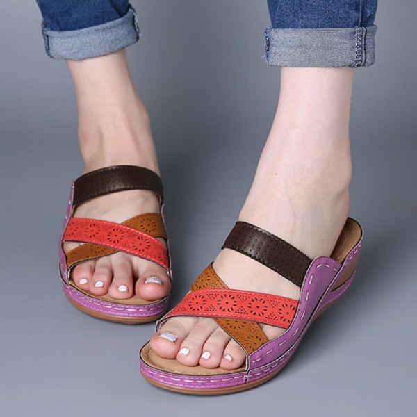 Women Ethnic Casual Cross Design Color Blocking Wedge Slippers