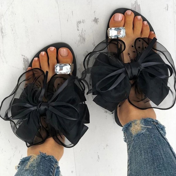 Women Fashion Sexy Lace Bow Rhinestone Decorative Flat Slippers