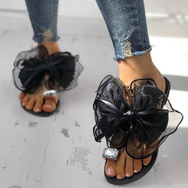 Women Fashion Sexy Lace Bow Rhinestone Decorative Flat Slippers