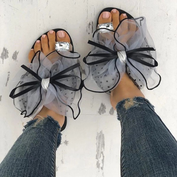 Women Fashion Sexy Lace Bow Rhinestone Decorative Flat Slippers