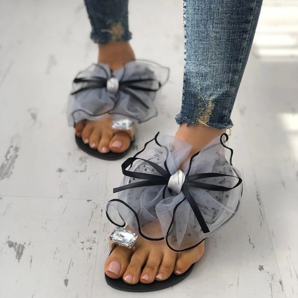 Women Fashion Sexy Lace Bow Rhinestone Decorative Flat Slippers