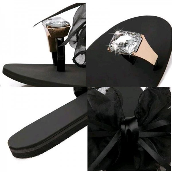 Women Fashion Sexy Lace Bow Rhinestone Decorative Flat Slippers