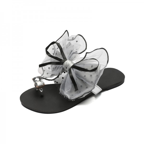 Women Fashion Sexy Lace Bow Rhinestone Decorative Flat Slippers