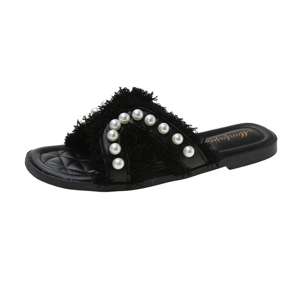 Women Elegant Chic Pearl Embellished Flat Slippers