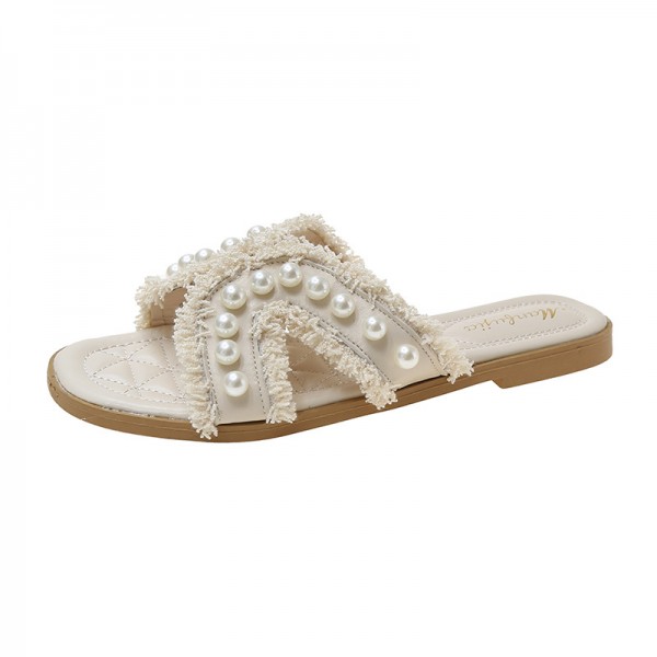 Women Elegant Chic Pearl Embellished Flat Slippers