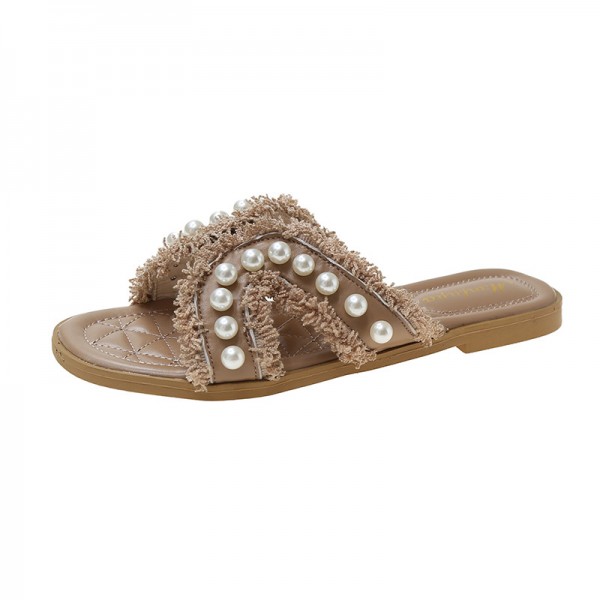 Women Elegant Chic Pearl Embellished Flat Slippers