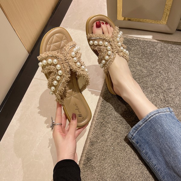 Women Elegant Chic Pearl Embellished Flat Slippers