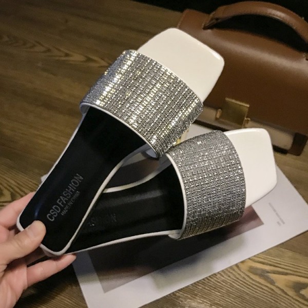 Women Fashion Rhinestone Decorative Square Toe Flat Slippers